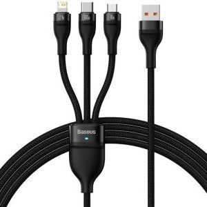 کابل سوپر فست شارژ سه سر یو اس بی به میکرو، تایپ‌ سی و لایتنینگ 1.2 متر بیسوس Baseus Flash Series Ⅱ Cable USB to M+L+C 100W CASS030001